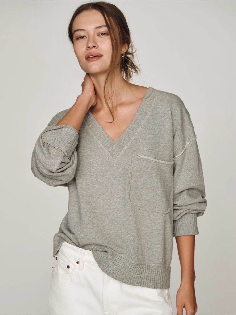 Pilcro Relaxed V-Neck Pocket Sweater - Sage Green